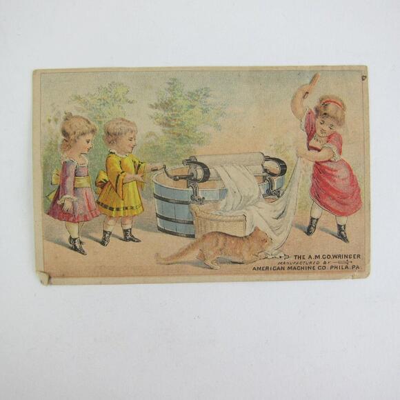 Victorian Trade Card American Machine Co Wringer Laundry Children Cat Philly PA - Picture 1 of 12